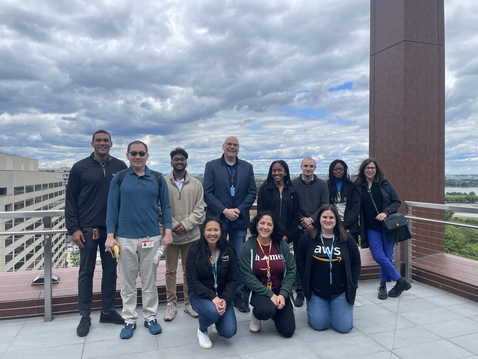 Eric Spiegel with students on the rooftop at Amazon HQ2 in Arlington, Virginia