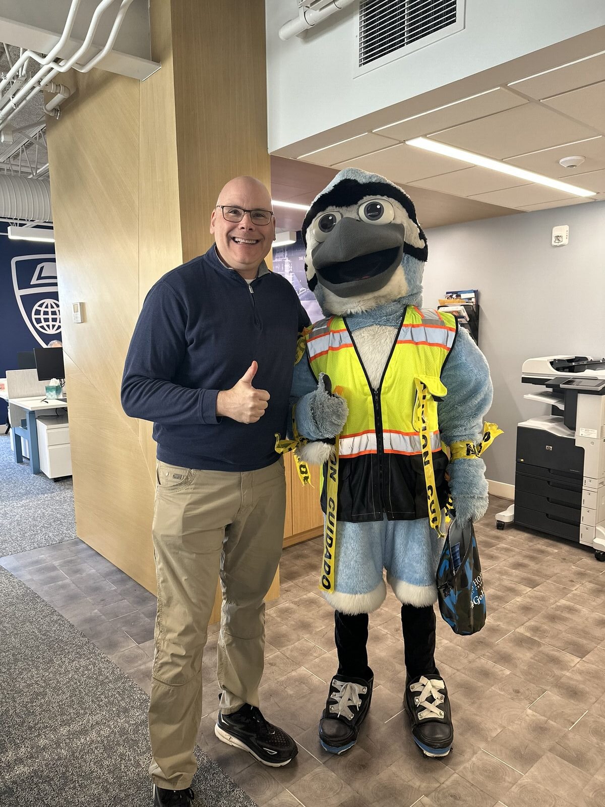 Eric Spiegel with the Johns Hopkins Blue Jay mascot